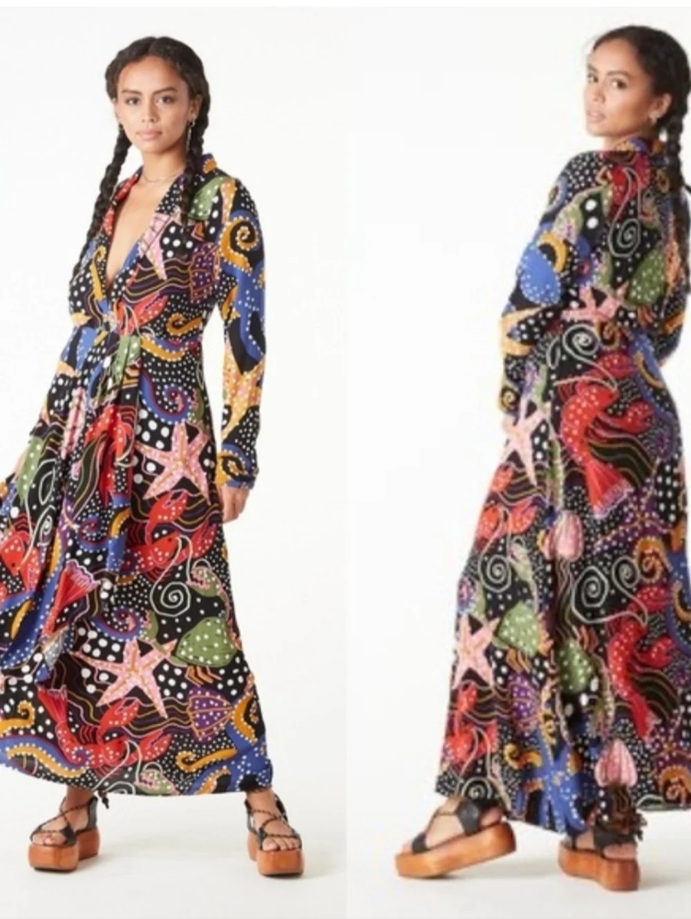 Farm Rio Under the Sea Plunge Neck Maxi Dress Beach Vacation Cruise Wedding Sz S - Picture 2 of 16